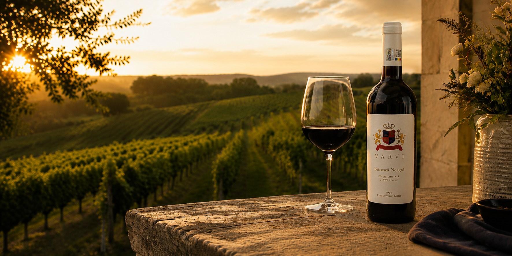 O sticlă de vin VARVI și un pahar într-o vie transilvăneană, în lumina joasă și aurie a dimineții