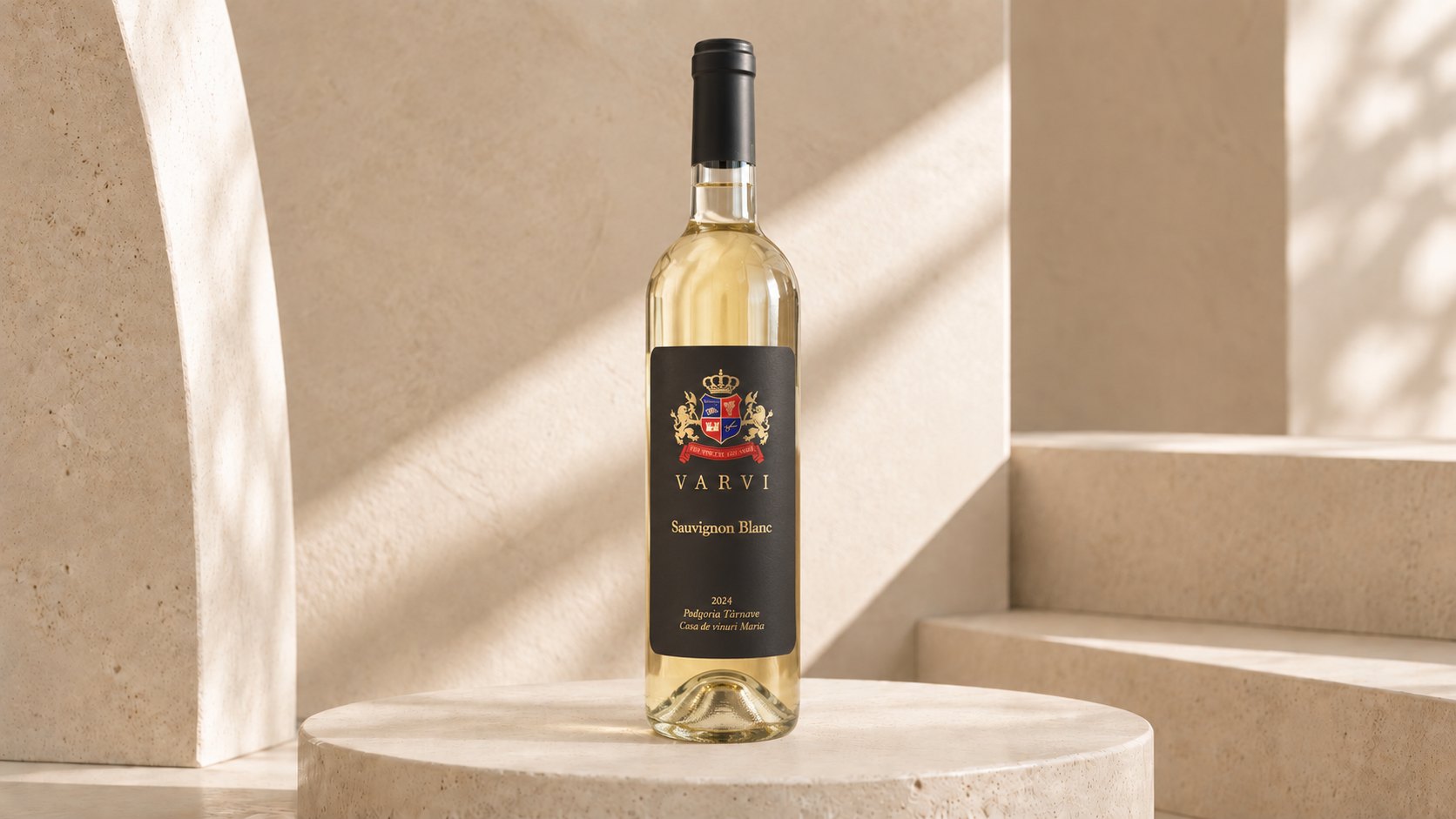 Sticlă de VARVI Sauvignon Blanc 2024 cu etichetă neagră, pe un piedestal de travertin