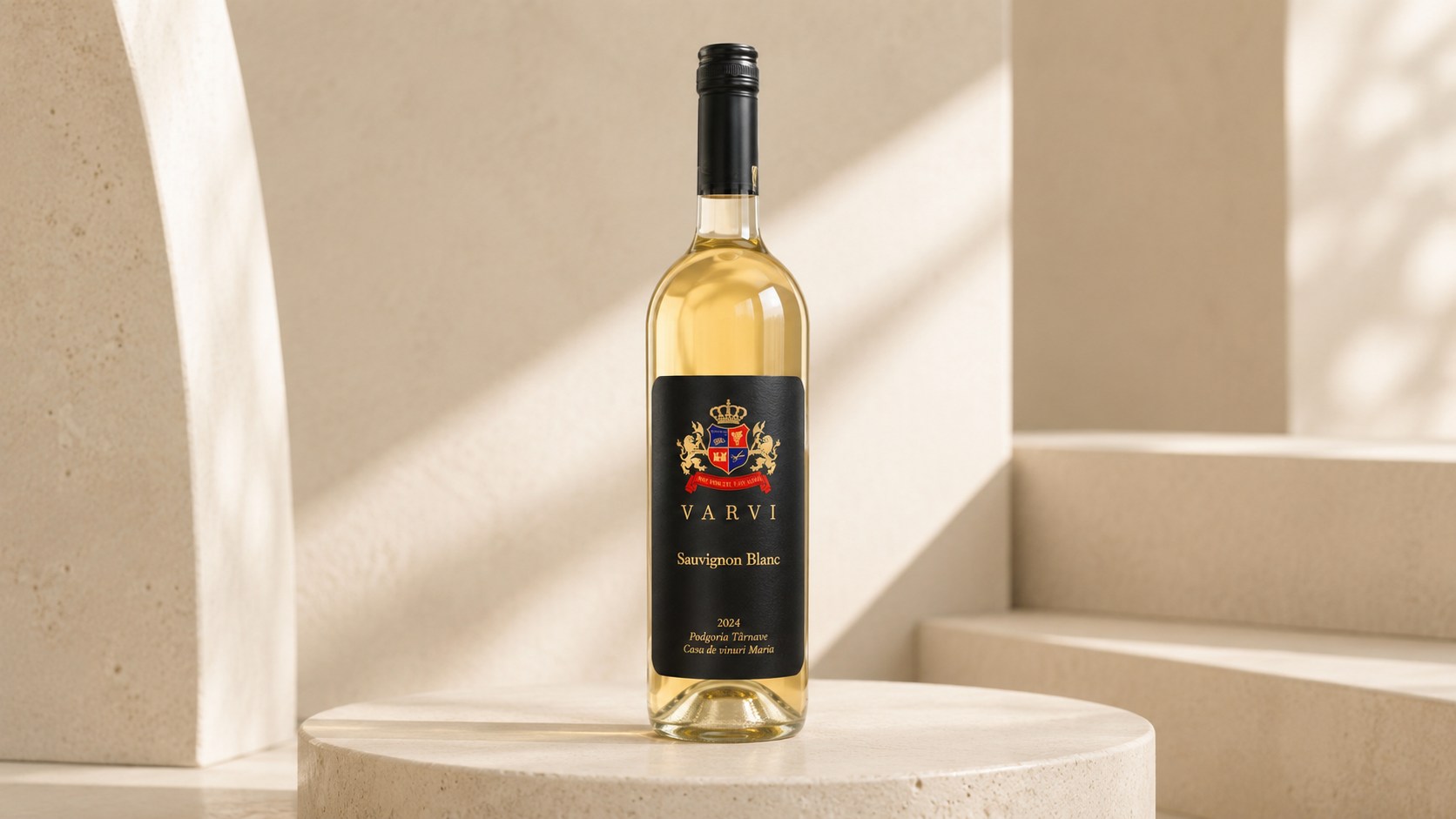 Sticlă de VARVI Sauvignon Blanc cu etichetă neagră, pe un piedestal de piatră